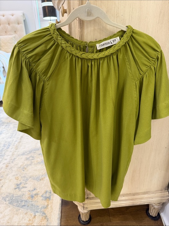 Tops - Olive Braided-Neck Flutter Sleeve Blouse